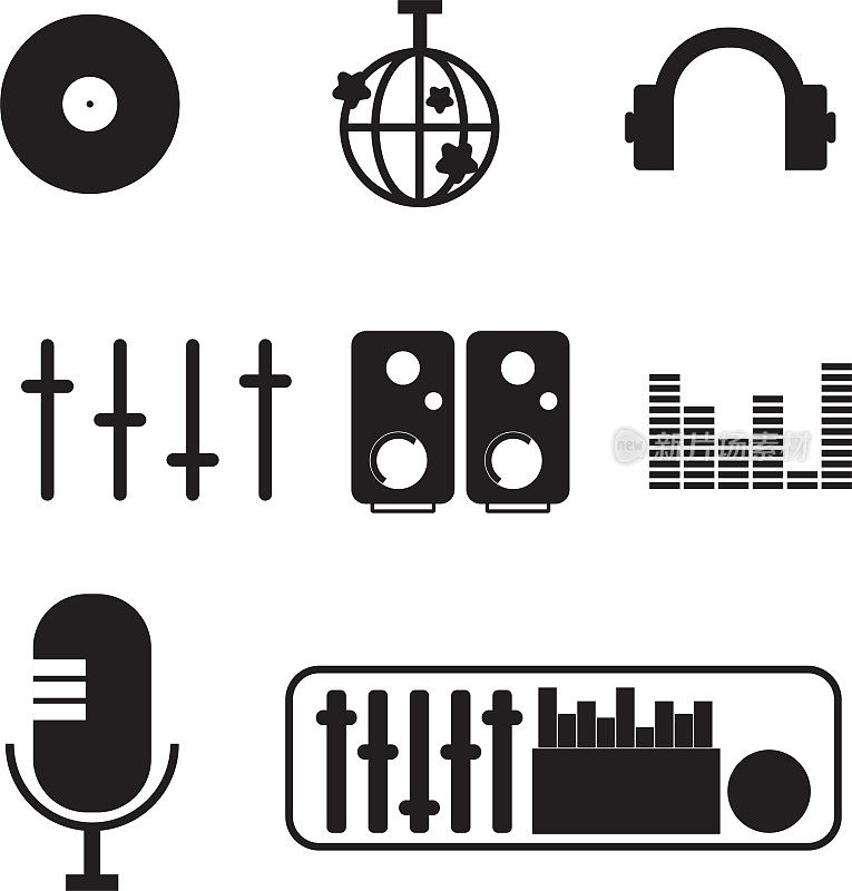 图标套装矢量hd 2d黑白DJ音乐设备，如光盘，派对灯，麦克风和音响系统